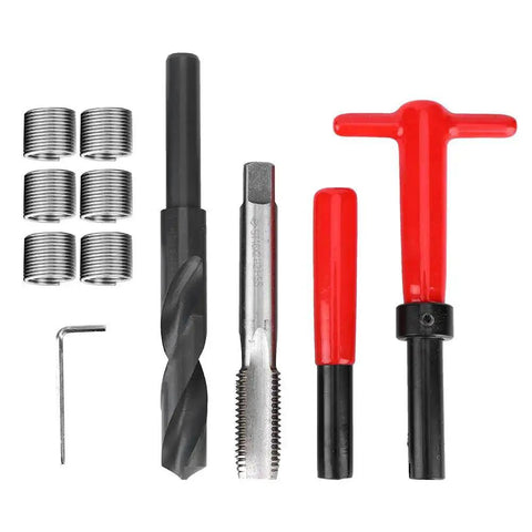 M16x2 Stainless Steel Thread Repair Kit, 11 Piece Set With Twist Drill, Tap Wrench, Hex Wrench, shown with six inserts