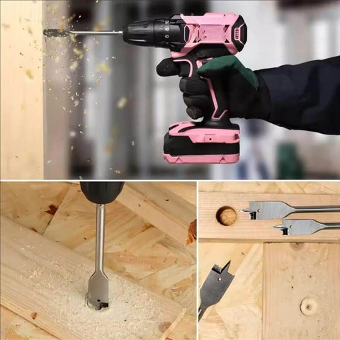 Six Piece Spade Drill Bit Set With Quick Change Hex Shank For Woodworking, Sizes Three Eighths To One Inch, in action and layout view