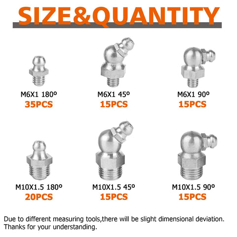 Grease fittings set: M6X1 180°/45°/90° and M10X1.5 180°/45°/90° zerks; quantities (35/15/15) and (20/15/15) pcs.