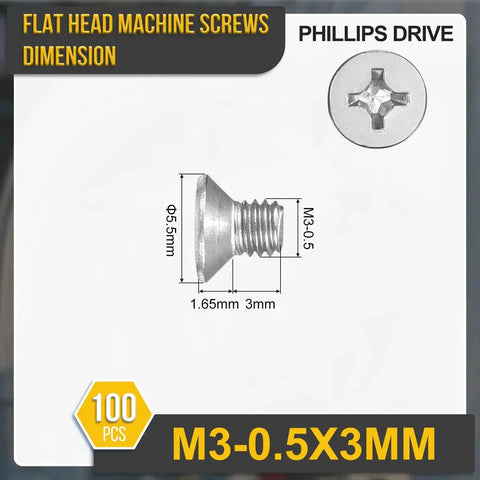 100 Pack M3 Flat Head Machine Screws, 3mm Diameter, 0.5mm Pitch, Phillips Countersunk dimensions chart