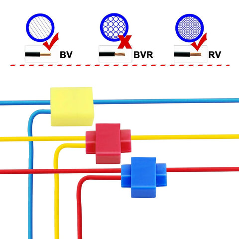 150 pcs insulated quick-splice wire connectors in blue, red, and yellow for 22-10 AWG cables