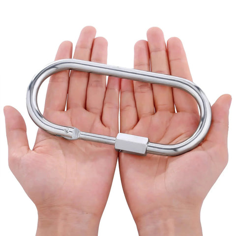 Person holding Big Oval Locking Carabiner Clip 6 Inch M10 Quick Link For Trailer Tow Chains Ropes Cables And Hammocks Outdoor Camping Gear