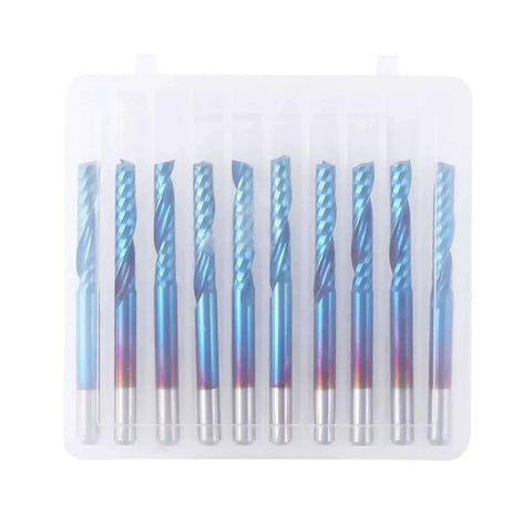 Nano Blue Coat Flat Nose End Mill Set With One Flute Spiral Upcut CNC Router Bits For Milling And Engraving 3.175mm Cutter Diameter One Eighth Inch Shank Great For 3D Relief Slots Holes And Clean Surface, 10 pieces in a plastic case
