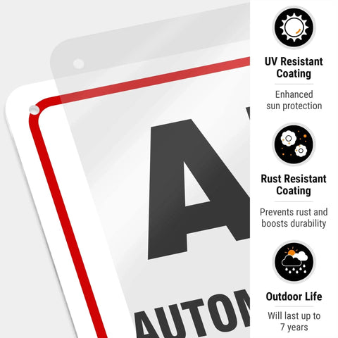 Close-up of AED Sign For Automated External Defibrillator 10 By 14 Inches 55 Mil Thick HDPS with UV and rust-resistant coating details.