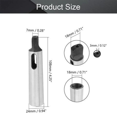 Morse taper adapter sleeve for lathes and drill presses; silver metal body with black top, 108mm long, 24mm dia, 3mm bore.