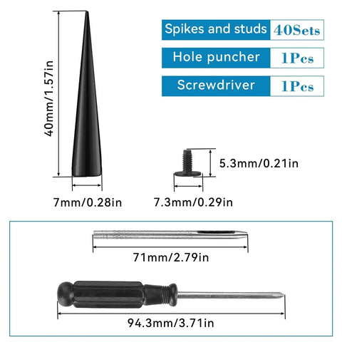 40 Sets Spikes and Studs Kit 7x40mm Cone Rivets With Punch Tool For Clothes, showing measurements of spikes and tools included