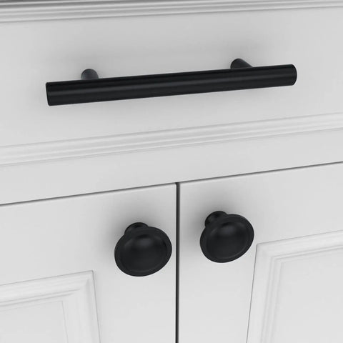 Cabinet with 10 Pack Black Round Mushroom Cabinet Knobs For Dresser And Drawer 1.5 Inch Diameter, includes two screw lengths.