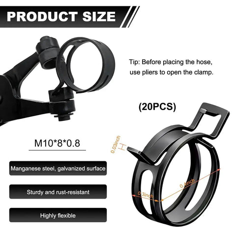 Close-up of manganese steel spring band hose clamp with pliers for installation, labeled dimensions, part of Twenty Pack Spring Band Hose Clamps For Three Eighths Inch ID Hoses Ten Millimeter Manganese Steel Fuel Line Clips Low Pressure Air Vacuum Water Piping Fasteners Silicone Tube Clamps For Even Tension Leak Proof Sealing In Auto Plumbing And Marine