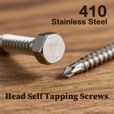 Close-up of 410 stainless steel hex head self tapping screws from a 125 piece self tapping screws kit in 410 stainless hex head assortment.
