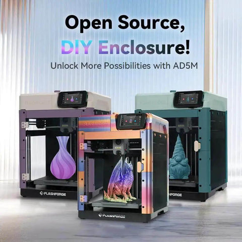 Three Adventurer 5M 3D Printer Enclosure Kits with custom exterior panels showcasing 3D printed vases.
