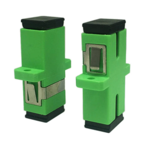 Green SC fiber optic adapter, female-to-female APC simplex, with mounting panel; 2 pcs shown