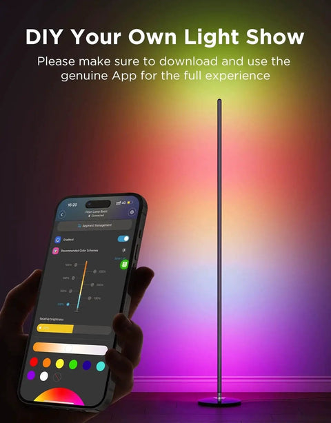 RGBIC Floor Lamp 1000lm With Music Sync And 16 Million Colors SmartThings Matter shown with mobile app control and light effects.