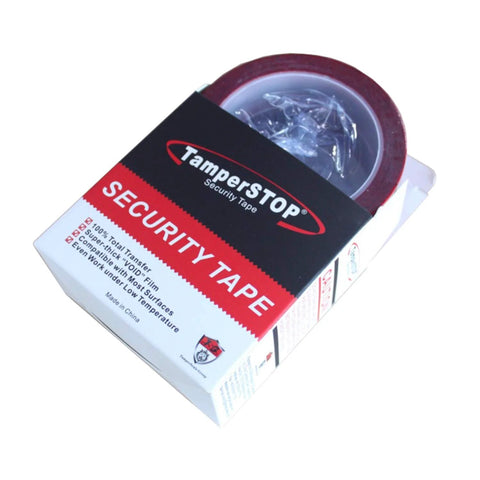 TamperSTOP security tape roll, red 48mm x 50m, perforated every 6 inches, tamper-evident film