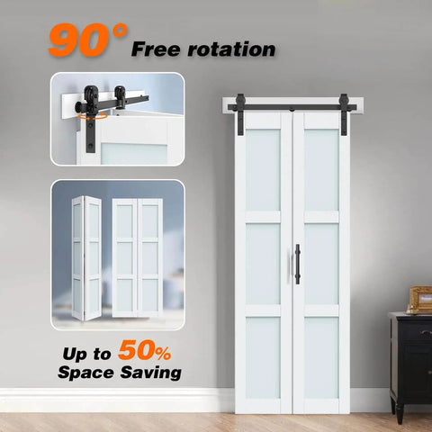 Bi-Fold White MDF Barn Door With PVC Surface 28 By 84 Inches Overall Double 14 By 84 Inches Panels Includes Hardware Kit And Handle Complete Door No Assembly Required Space Saving Sliding Door For Modern Interiors shown installed in home
