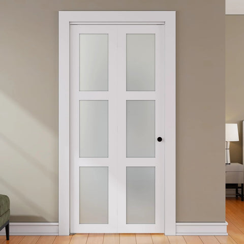 Bifold Door for 28 by 80 Opening With Tempered Frosted Glass in White Finish, Waterproof PVC Surface, shown installed in room