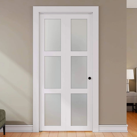 Space-Saving Bifold Door For 30x80 Opening, Tempered Frosted Glass Closet Folding Barn Door With Hardware Kit, Waterproof PVC Surface