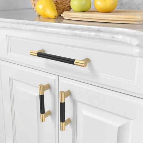 10 Pack Matte Black And Gold Knurled Cabinet Pulls 5 Inch Center to Center on White Cabinets