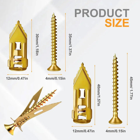 Drywall Anchors With Screws Kit 2026 Upgraded Direct Insertion Expansion Self Drilling, dimensions and components shown