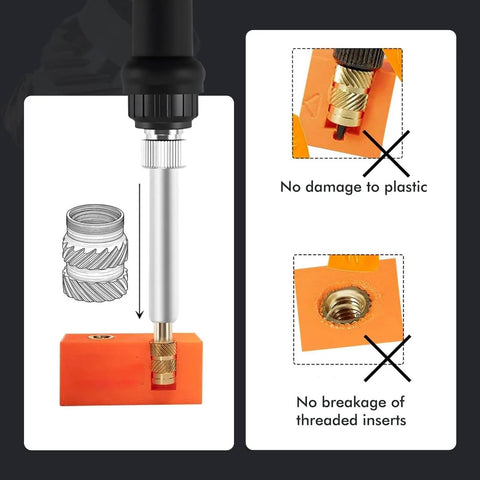 Installation of 350 Pcs Brass Heat Set Threaded Inserts Kit For Plastic And 3D Printing M2 To M6, shown with knurled grip in plastic.