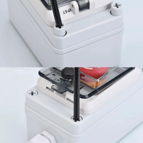 Close-up of Rugged Outdoor Emergency Stop Button With Box Waterproof E Stop Push Button Switch IP67 Weatherproof 660V 10A