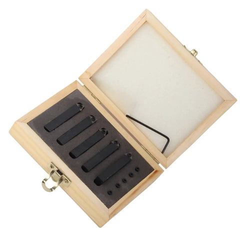 Carbide Turning Tool Indexable Set With 60 Degree 75 Degree And 90 Degree Cutters For Turning Facing Boring Chamfering Threading And V Grooving Includes Wrench And Screws Five Sixteenth Inch Hardware Cutter For Pros And DIYers in a wooden box.
