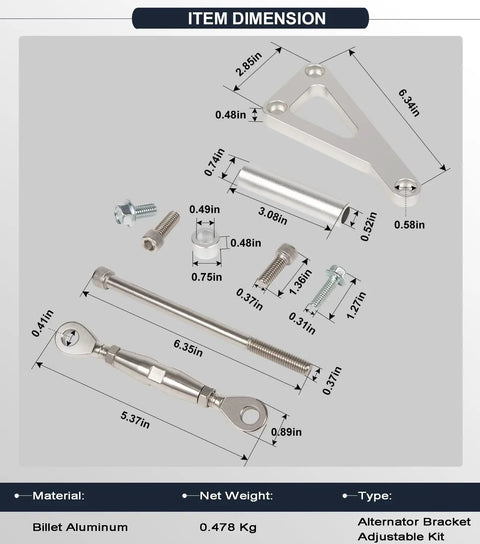 Dimensions and components of Adjustable Billet Alternator Bracket Kit For Chevy Small Block V8 With Long Water Pump Polished Aluminum