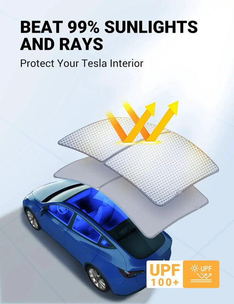 Illustration of Tesla Model Y Glass Roof Sunshade With Nano Ice Coating No Gap No Sag reducing sunlight on a blue car.