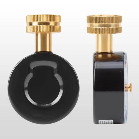 SCTSNSR water pressure test gauge, 0–200 psi, red max pointer, front and side views, brass fittings, black steel case