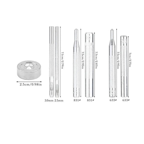 7 Pack Leather Rivet Setter Tools Kit For Leathercraft With Die Punch Snap Fasteners, Double Cap Rivets And Tubular Studs, displayed