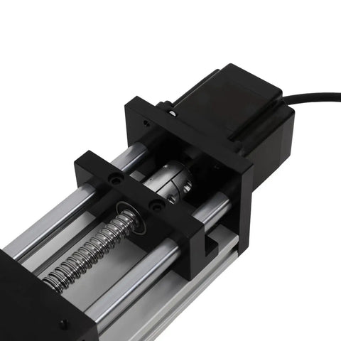 Close-up of a 100 200 300mm GGP Ball Screw Linear Actuator with NEMA 23 Stepper Motor, CNC guide slide visible.