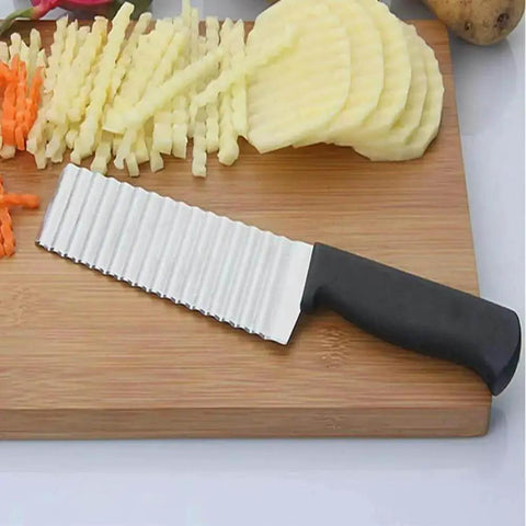 Two Piece Stainless Steel Crinkle Cut Slicer Set For Potatoes Fruits And Vegetables Wavy Blade Potato Cutter Chopper For French Fries Chips Garnishes And Dough Ergonomic Handle Pro Grade Build Durable Kitchen Tool on cutting board