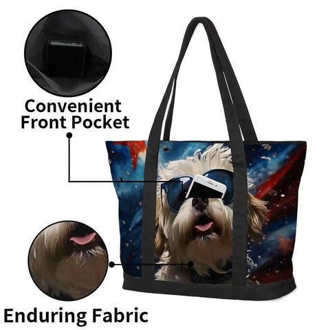 Cool Dog Sunglasses Inspired Canvas Laptop Tote For Women, bag with dog print and convenient front pocket, 14.1 x 20.4 x 4.7 inches