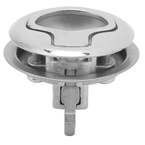 Boat cam flush-mount pull handle, front view; 316 stainless steel marine locker hardware