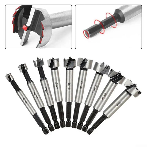 8mm to 25mm Hinge Boring Drill Bit for Woodworking and Plywood, High Carbon Steel Hole Cutter set with round shank display