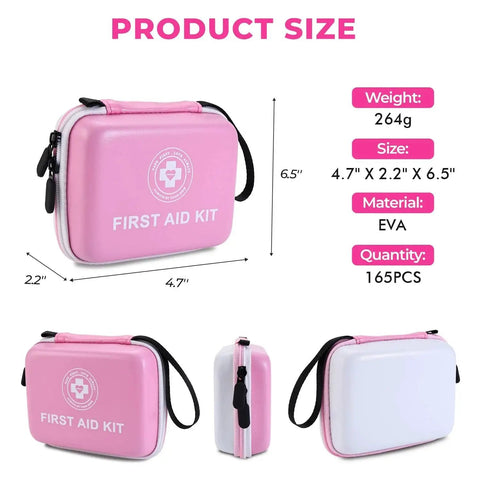 Small 165 Piece Dual Color First Aid Kit Must-Have With Hard Shell Case And Fluorescent Exterior For Home Car Travel Hiking And Outdoor Pink White Emergency Medical Kit dimensions