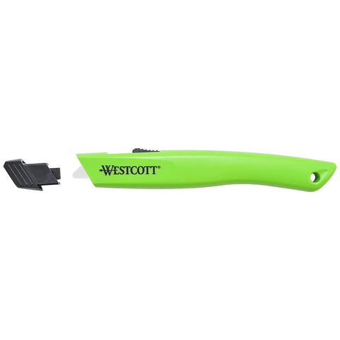 Side view of green Ceramic Safety Box Cutter With Retractable Blade For Easy Large Box Opening, blade partially extended.