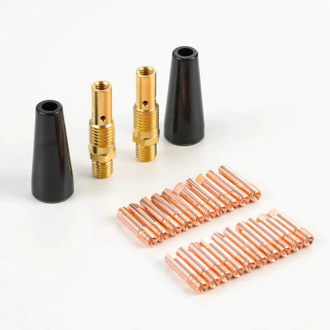Flux Core Gasless MIG Welding Gun Kit With 24 Pieces Including 20 Tips, 2 Nozzles And 2 Diffusers on white background