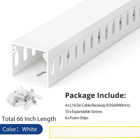 66 Inch Open Slot Cable Management Raceway Kit with white PVC raceways, screws, and foam strips for under desk setup and network cords.
