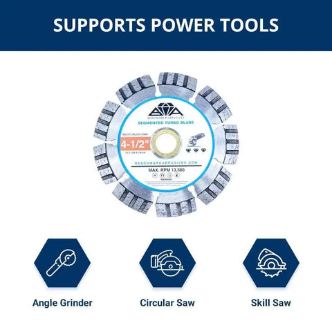 4-1/2 inch segmented turbo blade for angle grinder, circular saw, and skill saw. Supports power tools. Max RPM 13,580