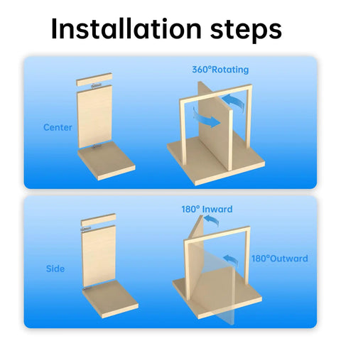 Installation steps for Heavy Duty Pivot Hinge For Wood Door With 360 Degree Rotation, showing center and side views with rotation angles.