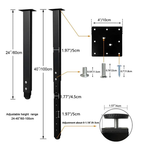 Adjustable Square Table Legs For DIY Desks And Home Office Tables 24 To 40 Inch Height 60 To 100 Cm Black Set Of 4 With Easy Mounting Plate