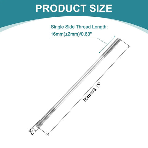 Double Ended Stud Screws M3x80mm 304 Stainless Steel Kit With Nuts And Washers product size diagram