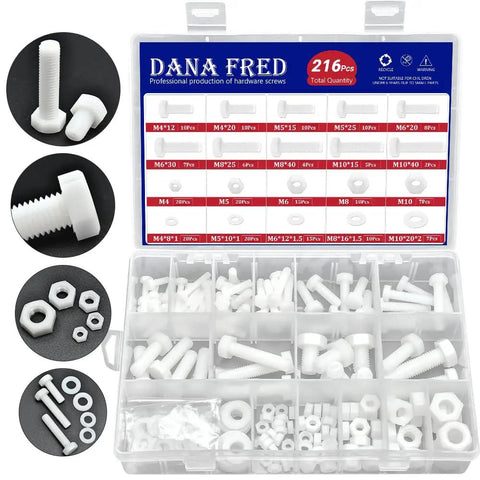 M4 M5 M6 M8 M10 White Nylon Hex Bolt Nut Washer Kit With 216 Pieces For DIY Electronics Makers, Metric Thread Machine Screws