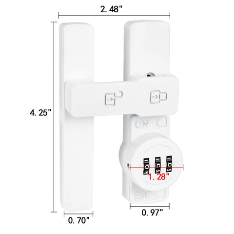 White 180 Degree Barn Door Lock With 3 Digit Keyless Password, No Key Needed, Flip Latch Privacy Lock, dimensions labeled