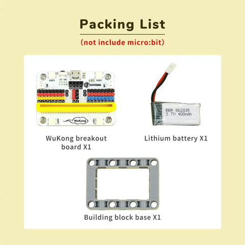 Wukong Expansion Board For Microbit Drive 8 Way Servo Ports, lithium battery, and Lego-compatible base in packing list.