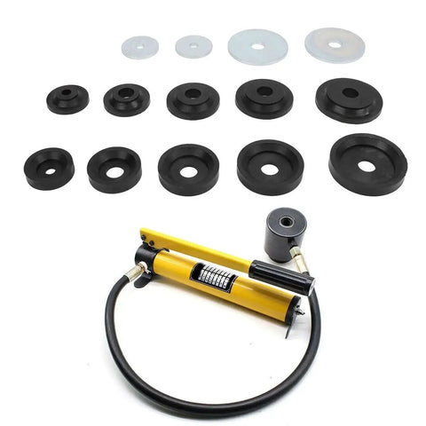 3D Printed Carbon Steel Dimple Die Set for Sheet Metal, 1.115In to 2.375In Dies with Steel Backing Plates and yellow hydraulic pump