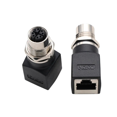 M12 X-Coded 8-Pin Female To RJ45 Ethernet Adapter For Industrial Switches And Machines, Waterproof IP67, shown in two angles