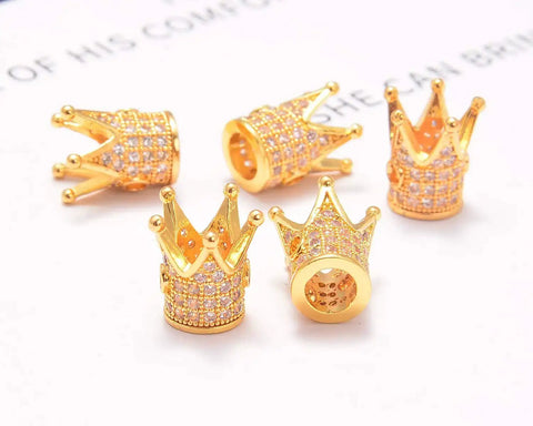 Zircon Pave Crown Beads With Large Hole For Jewelry Making Set Of 10 Gold Tone Crown Connector Spacers 9x12mm