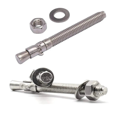 Three Eighths Inch By Three Inch Concrete Anchor Set In 304 Stainless Steel Wedge Anchors With Screws Kit Ten Pieces on white background