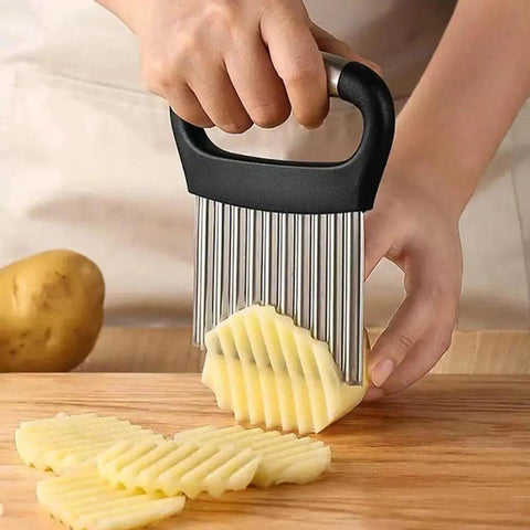 All Purpose Waffle Fry Cutter And Crinkle Cutter For Potatoes Cucumbers Carrots Ergonomic Handheld Kitchen Tool In Use With Potato